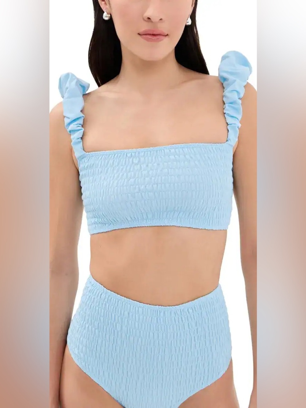 SEA New York Amabel Smocked Bikini Set NWT M Ice Blue Ruffle High Waist Luxury - Picture 1 of 14